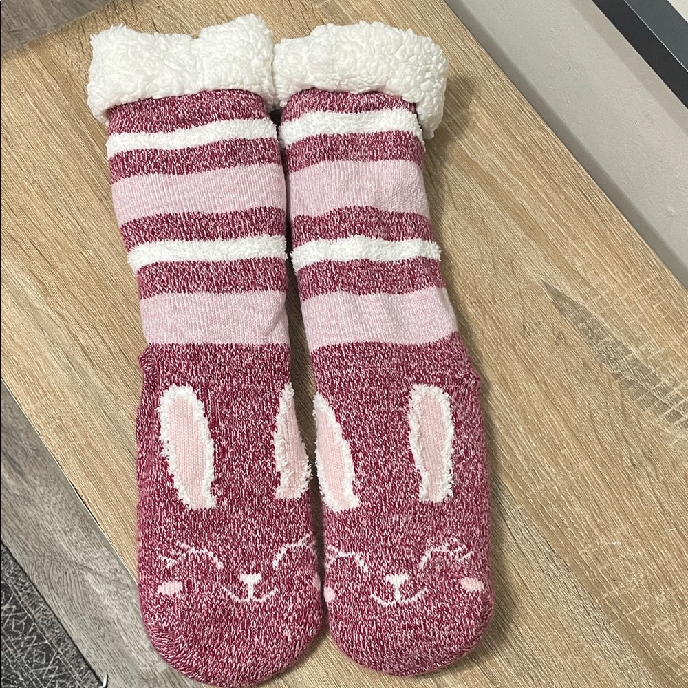 Pink and White Bunny Slipper Socks
